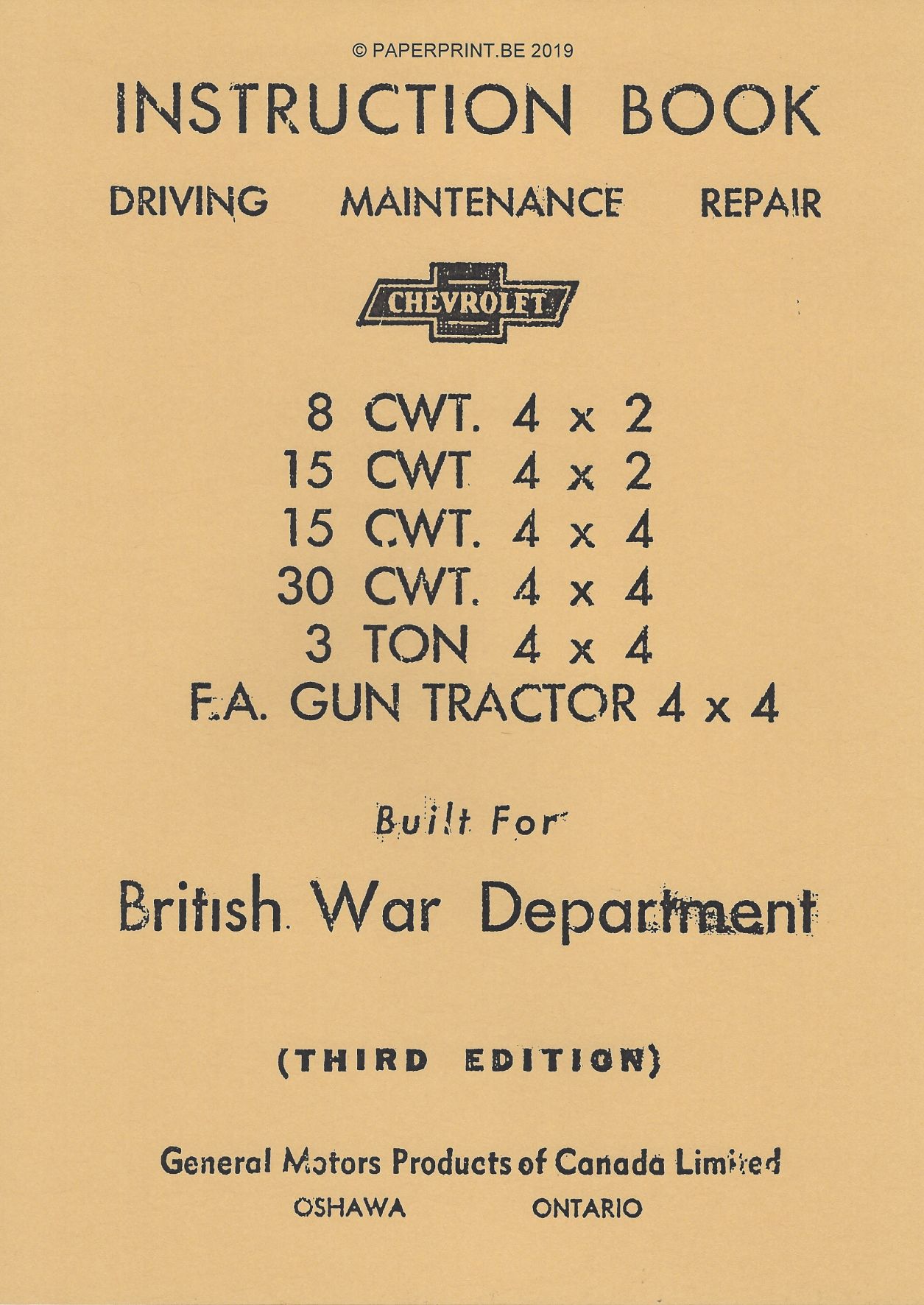 INSTRUCTION BOOK CHEVROLET CWT